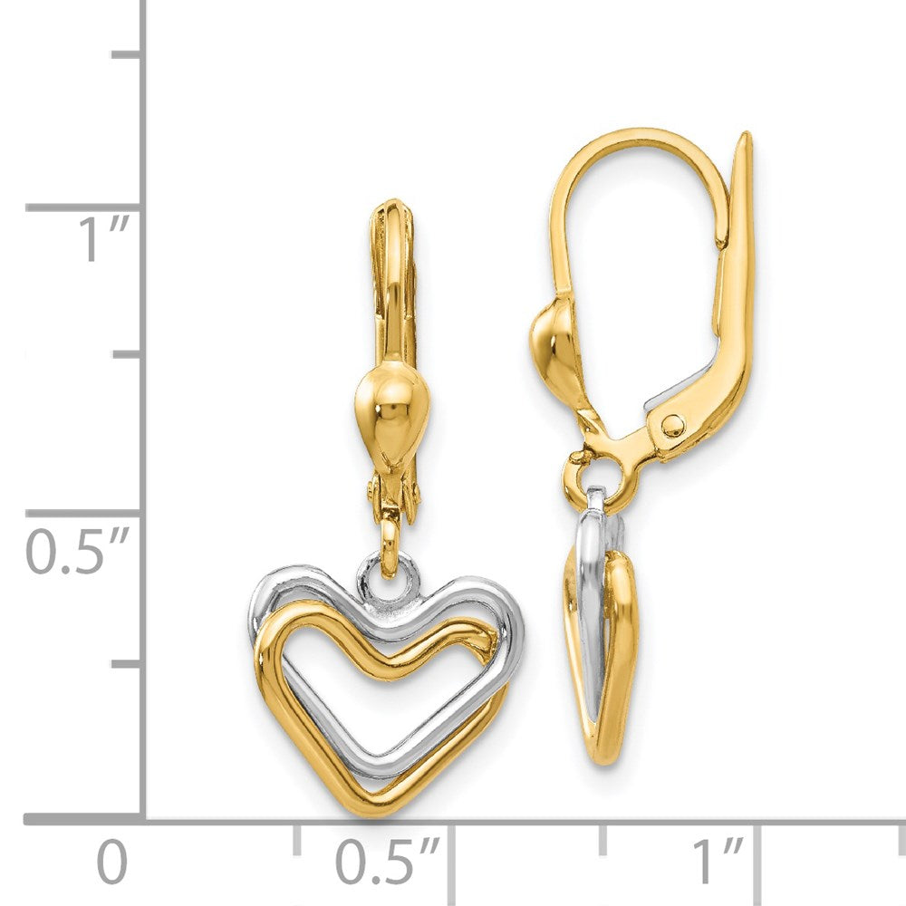 14K Two-Tone Gold Heart Leverback Dangle Earrings