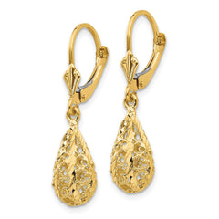 14K Yellow Gold Polished Diamond-cut Filigree Dangle Leverback Earrings