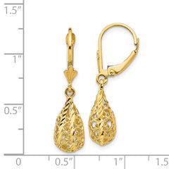14K Yellow Gold Polished Diamond-cut Filigree Dangle Leverback Earrings