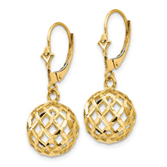 14K Yellow Gold Polished & Diamond-cut Mesh Ball Dangle Leverback Earrings