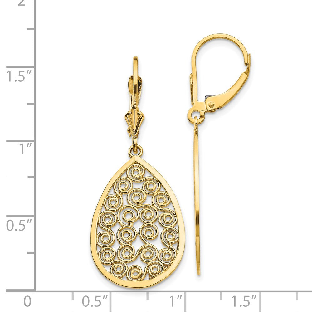 14K Yellow Gold Teardrop Filigree Dangle Leverback Earrings