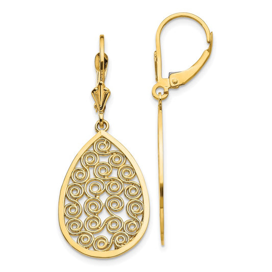 14K Yellow Gold Teardrop Filigree Dangle Leverback Earrings