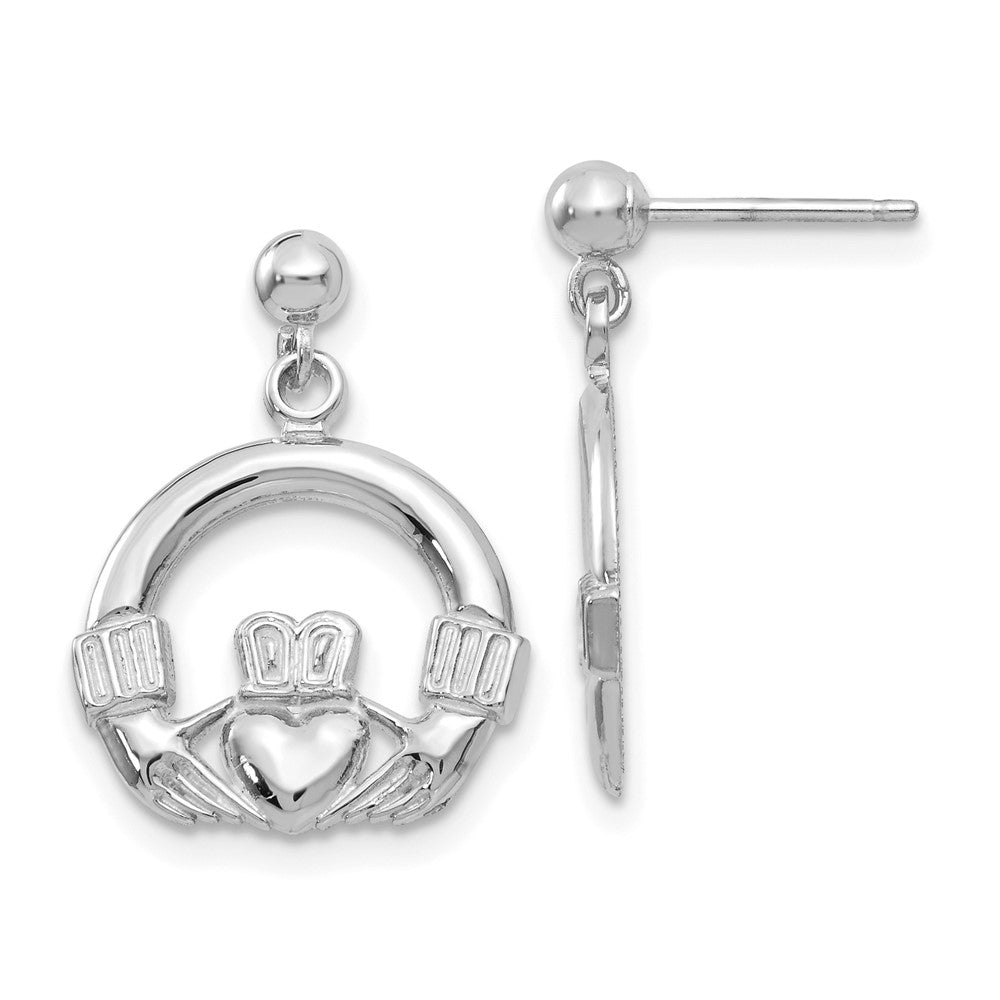 14K White Gold Solid Polished Flat-Backed Claddagh Dangle Earrings