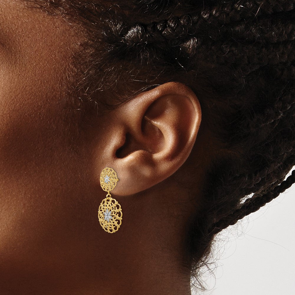 14K Two-Tone Gold Diamond-cut Filigree Medallion Drop Post Earrings