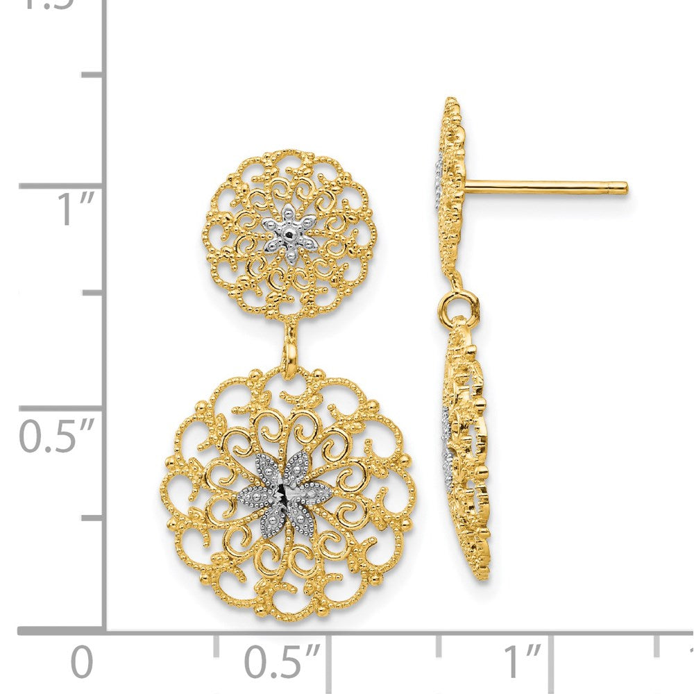 14K Two-Tone Gold Diamond-cut Filigree Medallion Drop Post Earrings