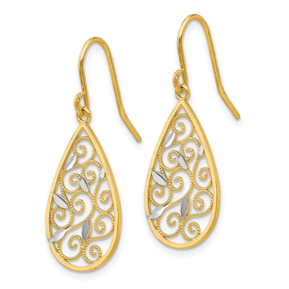 14K Two-Tone Gold Diamond-cut Filigree Teardrop Wire Earrings