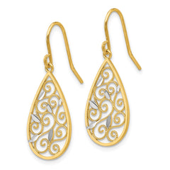 14K Two-Tone Gold Diamond-cut Filigree Teardrop Wire Earrings