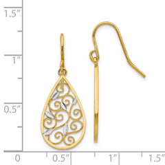 14K Two-Tone Gold Diamond-cut Filigree Teardrop Wire Earrings