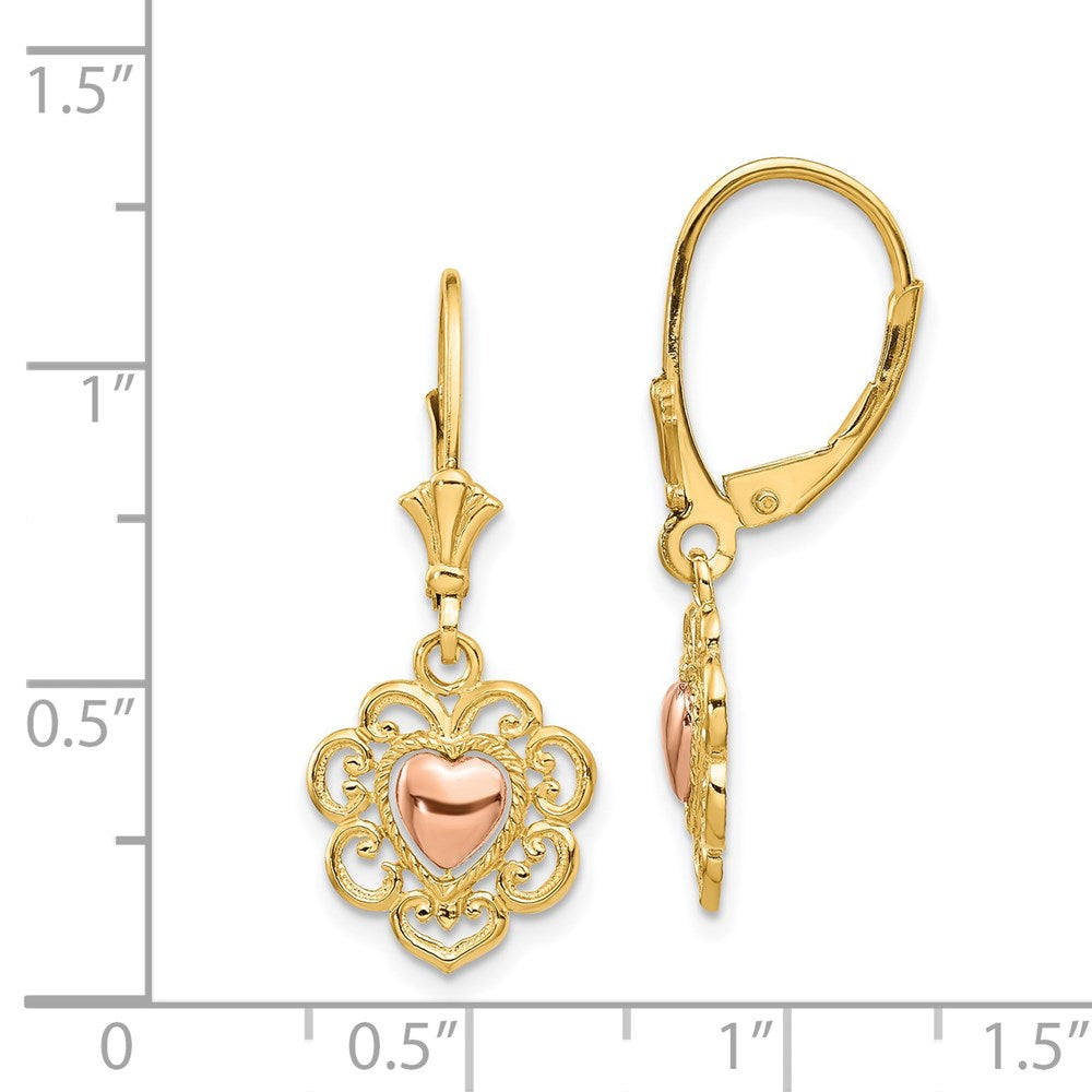 14K Two-Tone Gold Heart with Lace Trim Leverback Earrings