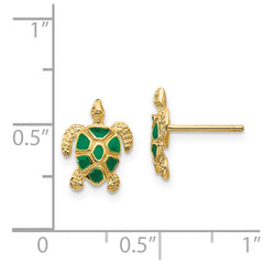 14K Yellow Gold Green Enameled Sea Turtle Post Earrings