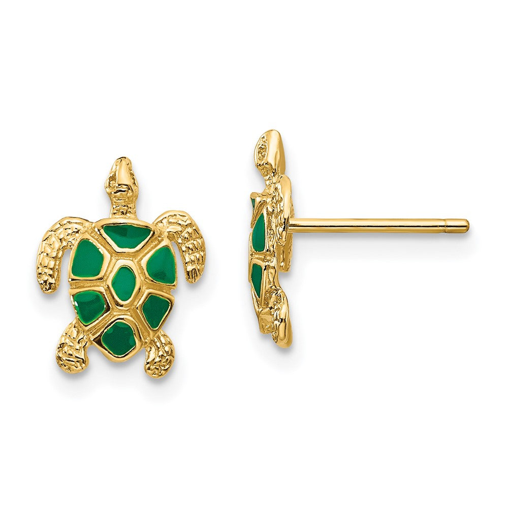 14K Yellow Gold Green Enameled Sea Turtle Post Earrings