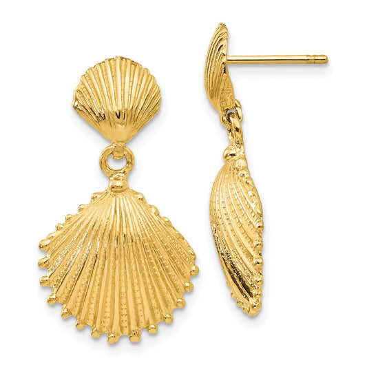 14K Yellow Gold Scallop Shell Dangle Post Earrings