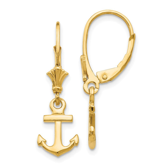 14K Yellow Gold Mini Anchor Leverback Earrings