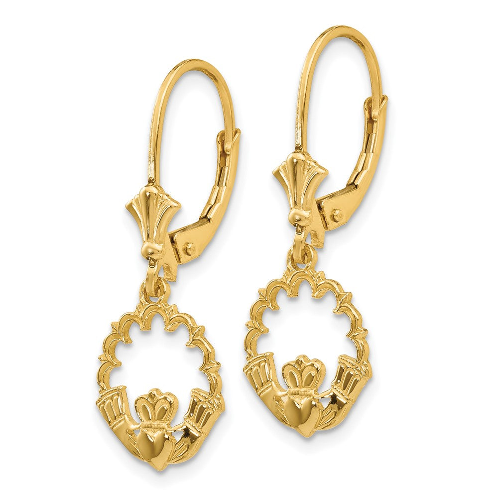 14K Yellow Gold Claddagh in Circle Leverback Earrings