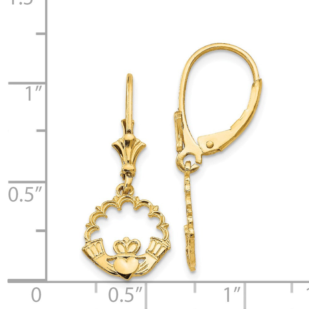 14K Yellow Gold Claddagh in Circle Leverback Earrings