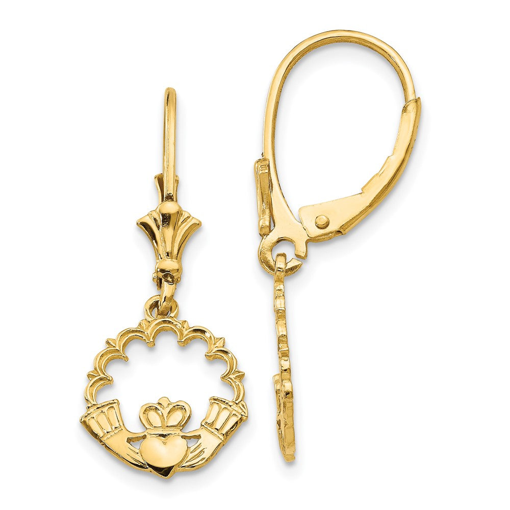 14K Yellow Gold Claddagh in Circle Leverback Earrings