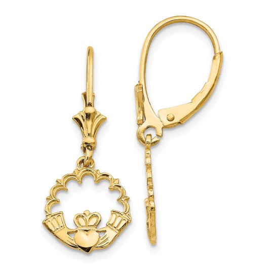 14K Yellow Gold Claddagh in Circle Leverback Earrings