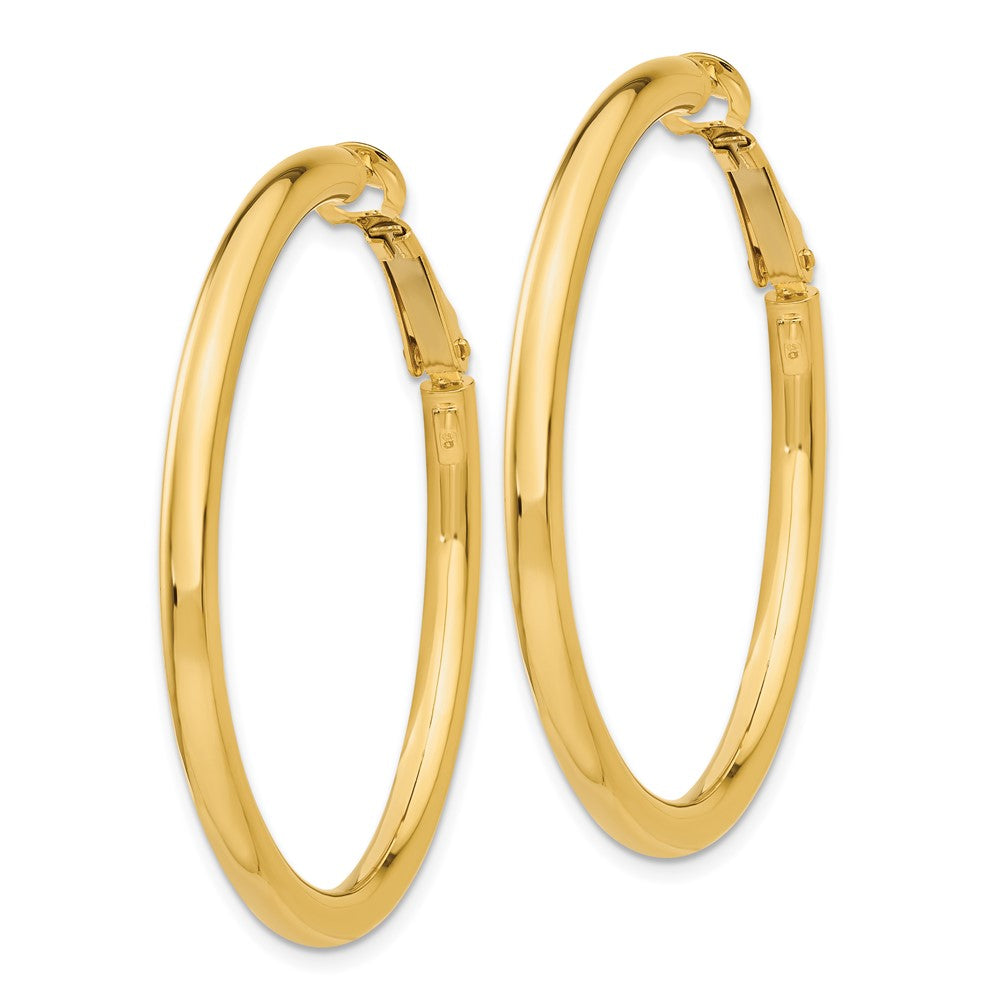 14K Yellow Gold 3x35mm Polished Round Omega Back Hoop Earrings