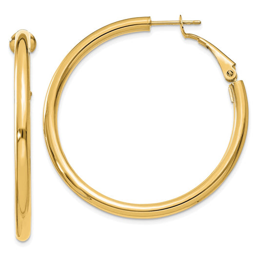 14K Yellow Gold 3x35mm Polished Round Omega Back Hoop Earrings