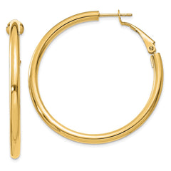 14K Yellow Gold 3x35mm Polished Round Omega Back Hoop Earrings