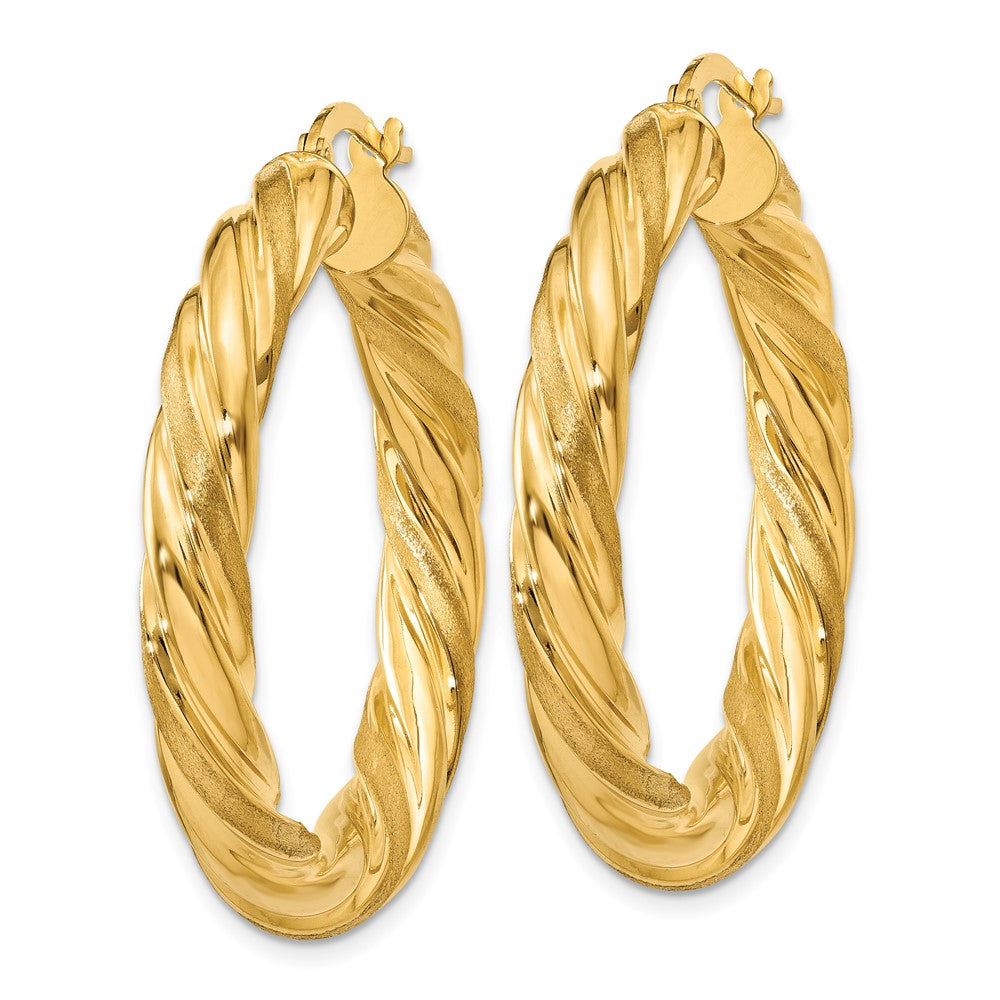 14K Yellow Gold 6mm Satin & Polished Twisted Hoop Earrings