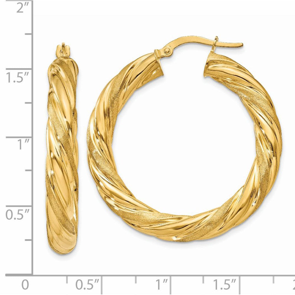 14K Yellow Gold 6mm Satin & Polished Twisted Hoop Earrings
