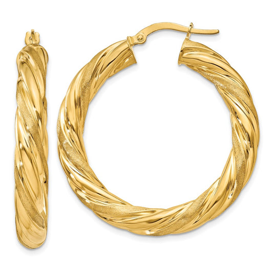 14K Yellow Gold 6mm Satin & Polished Twisted Hoop Earrings