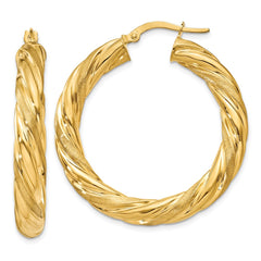 14K Yellow Gold 6mm Satin & Polished Twisted Hoop Earrings