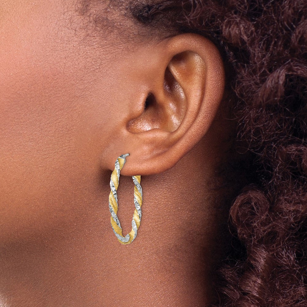 14K Yellow Gold White Gold & Yellow Rhodium Twisted Diamond-cut Oval Hoop Earrings