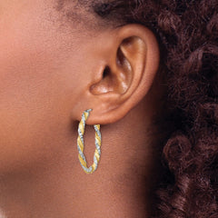14K Yellow Gold White Gold & Yellow Rhodium Twisted Diamond-cut Oval Hoop Earrings