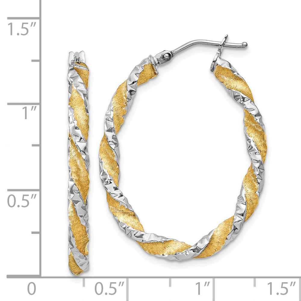 14K Yellow Gold White Gold & Yellow Rhodium Twisted Diamond-cut Oval Hoop Earrings