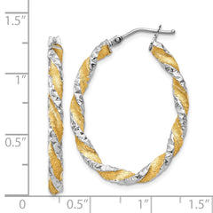 14K Yellow Gold White Gold & Yellow Rhodium Twisted Diamond-cut Oval Hoop Earrings