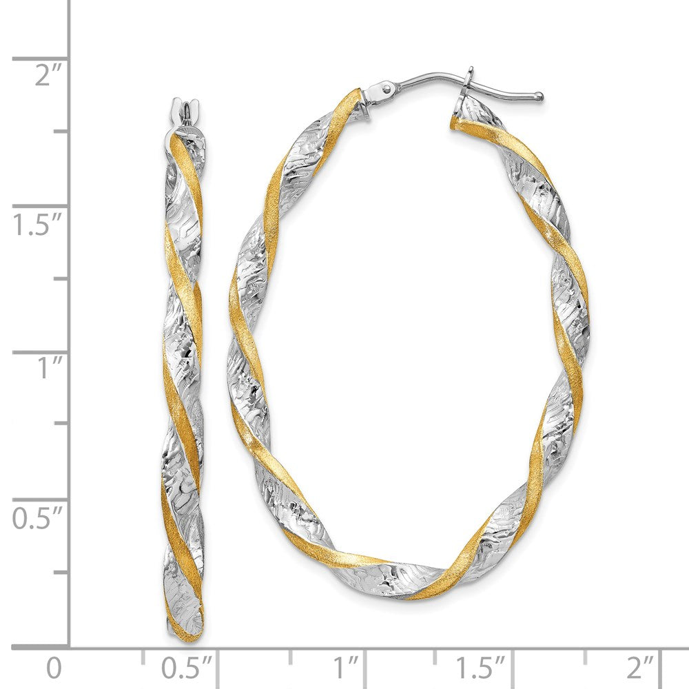 14K Two-Tone Gold Twisted Diamond-cut Oval Hoop Earrings