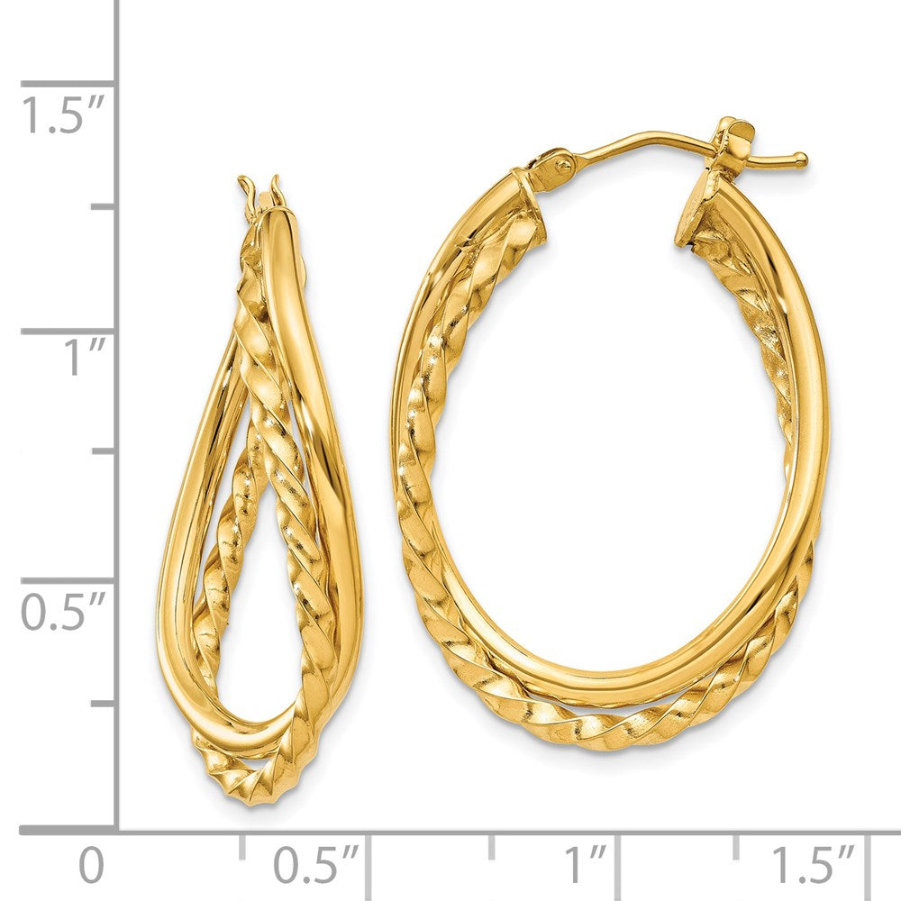 14K Yellow Gold Textured and Polished Twist Oval Hoop Earrings