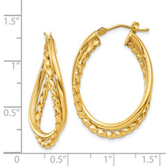 14K Yellow Gold Textured and Polished Twist Oval Hoop Earrings