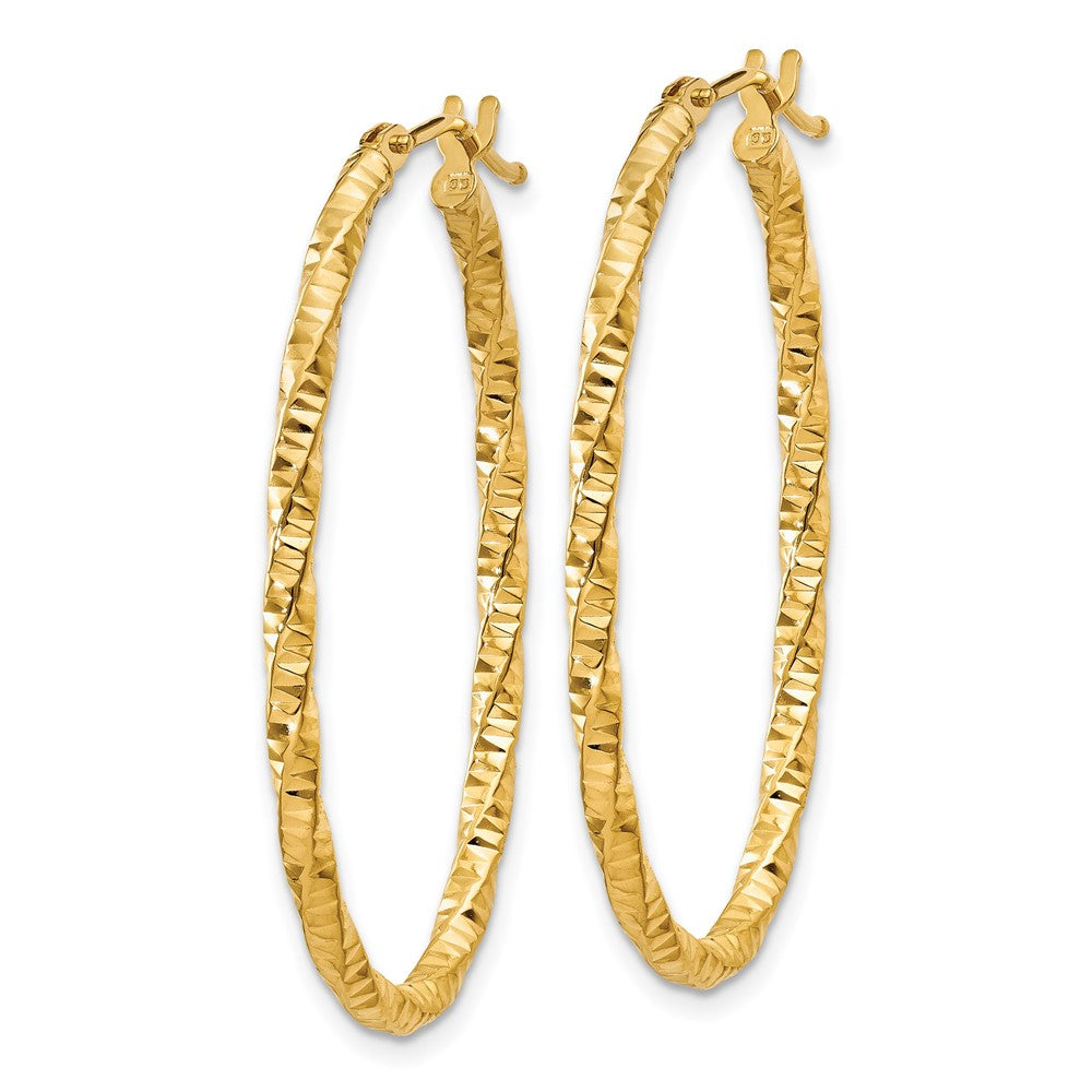 14K Yellow Gold 2mm Diamond-cut Oval Hoop Earrings