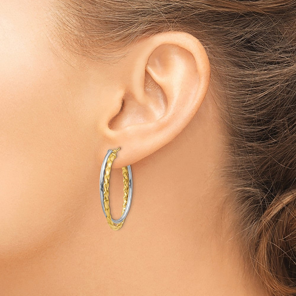 14K Two-Tone Gold Textured and Polished Twist Oval Hoop Earrings