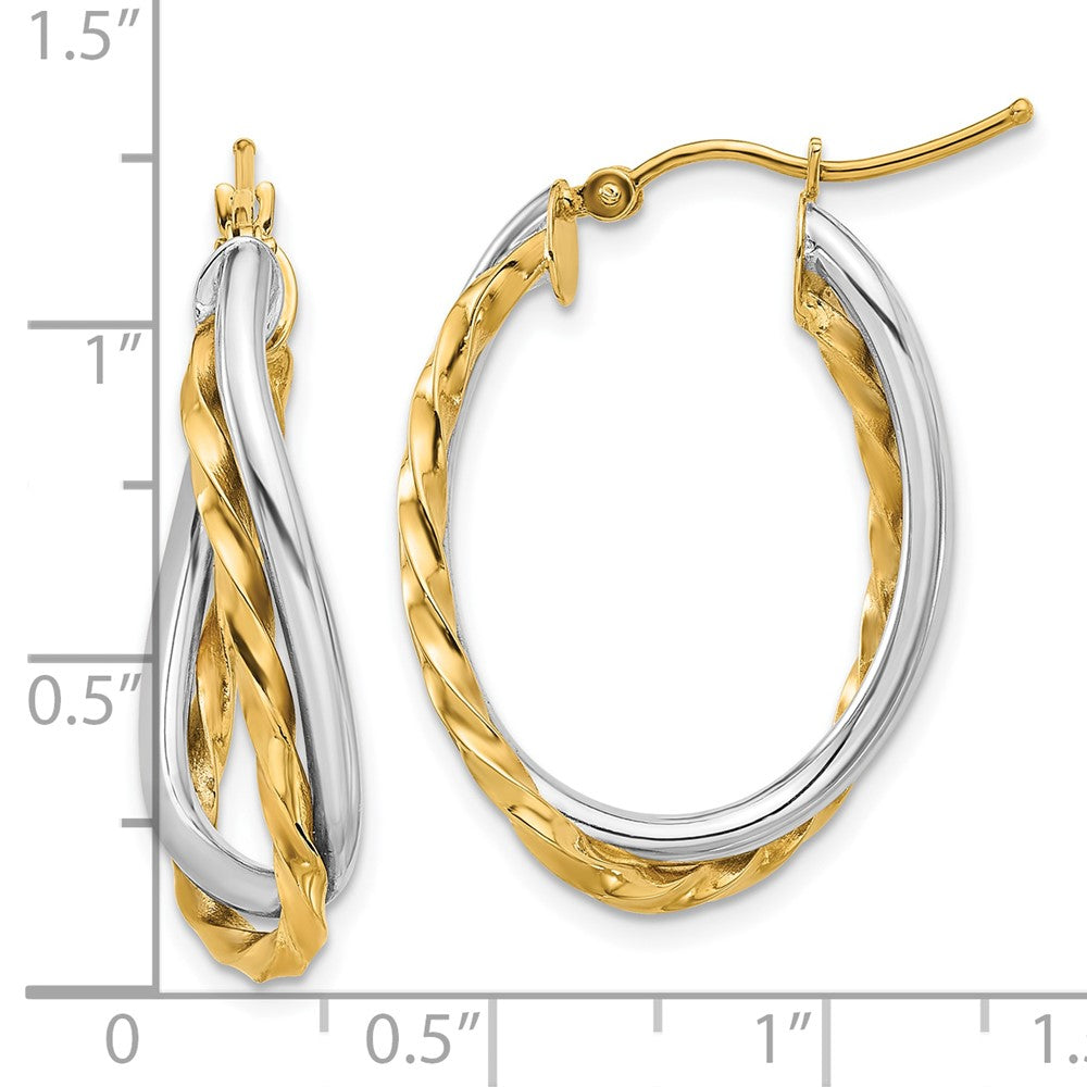 14K Two-Tone Gold Textured and Polished Twist Oval Hoop Earrings