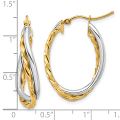 14K Two-Tone Gold Textured and Polished Twist Oval Hoop Earrings
