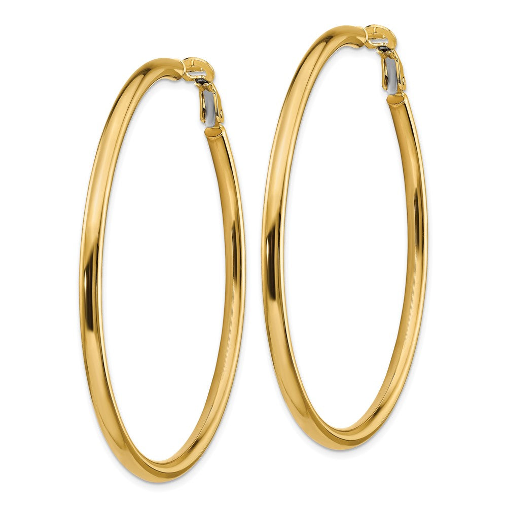 14K Yellow Gold 3x50mm Polished Round Omega Back Hoop Earrings