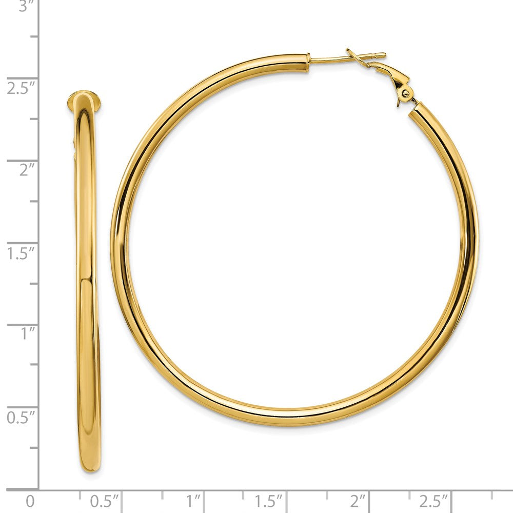 14K Yellow Gold 3x50mm Polished Round Omega Back Hoop Earrings