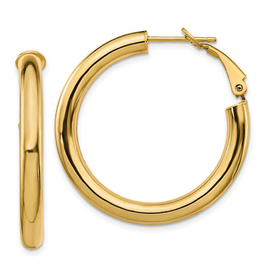 14K Yellow Gold 4x25mm Polished Round Omega Back Hoop Earrings