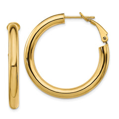 14K Yellow Gold 4x25mm Polished Round Omega Back Hoop Earrings