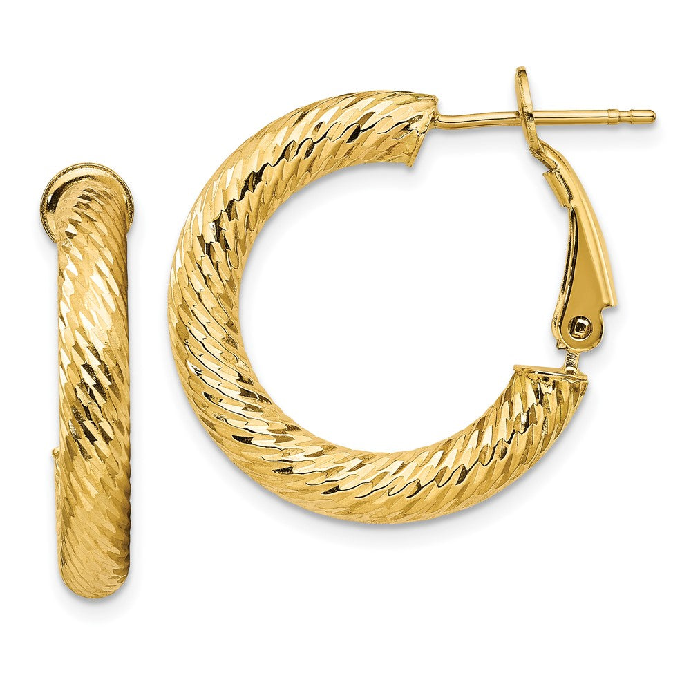 14K Yellow Gold 4x15mm Diamond-cut Round Omega Back Hoop Earrings