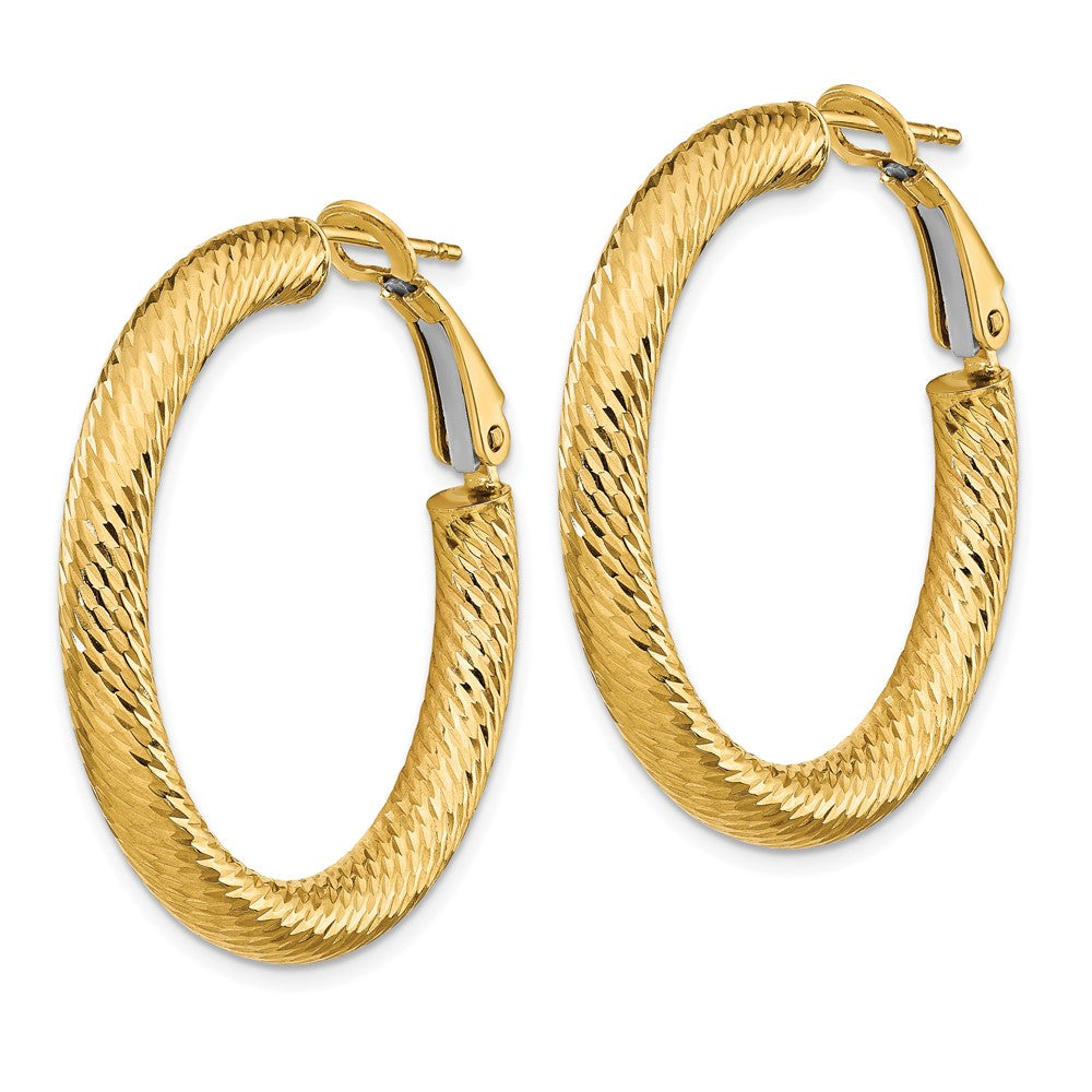 14K Yellow Gold 4x25mm Diamond-cut Round Omega Back Hoop Earrings