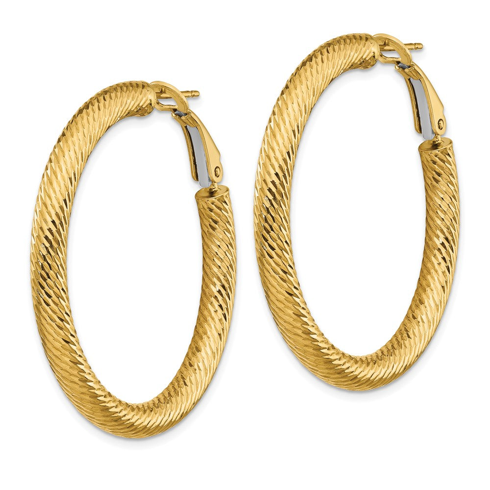 14K Yellow Gold 4x30mm Diamond-cut Round Omega Back Hoop Earrings