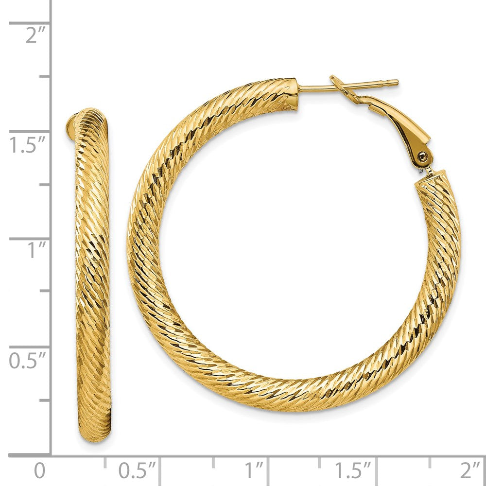 14K Yellow Gold 4x30mm Diamond-cut Round Omega Back Hoop Earrings