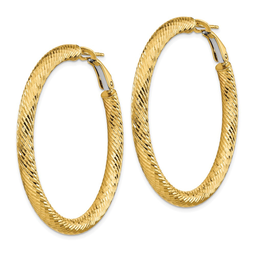 14K Yellow Gold 4x35mm Diamond-cut Round Omega Back Hoop Earrings