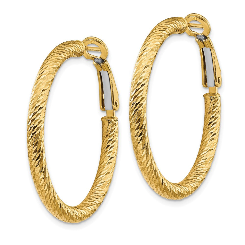 14K Yellow Gold 3x25mm Diamond-cut Round Omega Back Hoop Earrings
