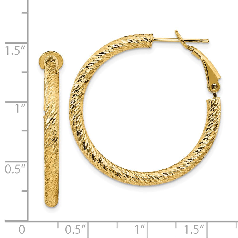 14K Yellow Gold 3x25mm Diamond-cut Round Omega Back Hoop Earrings